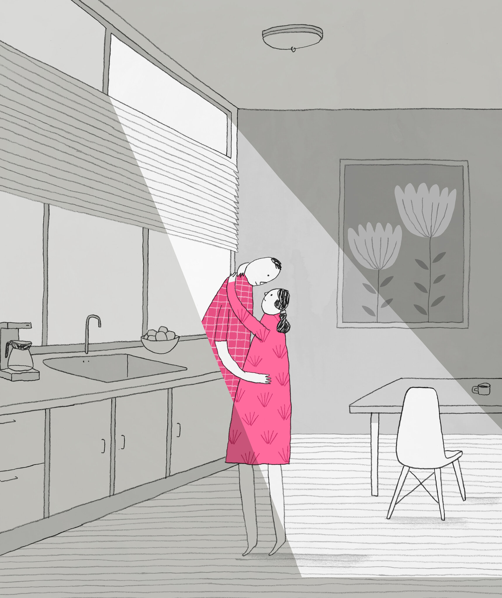 Illustration: a couple embraces in a gray kitchen, both dressed in pink, lit by a shaft of window light