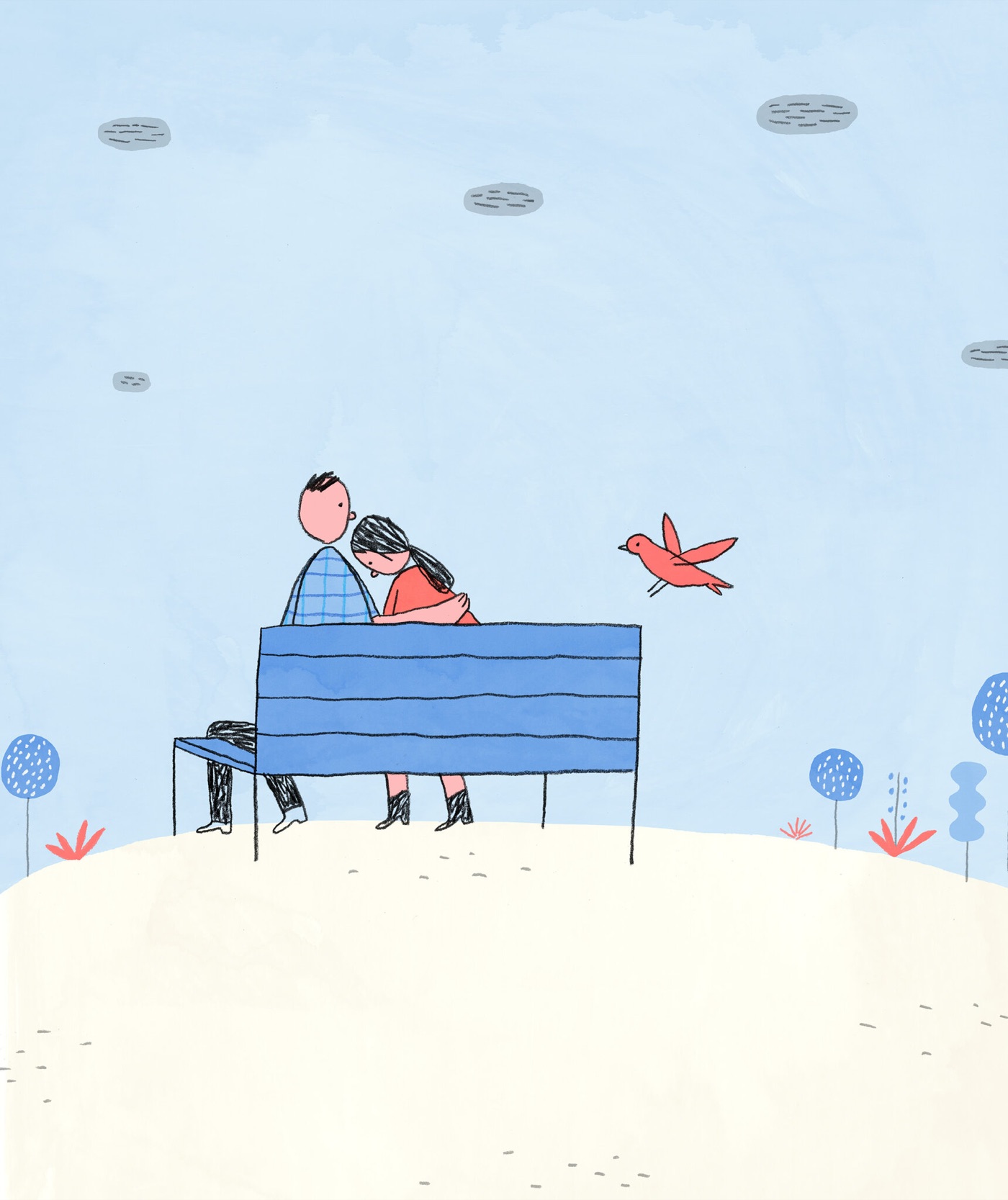 Illustration: a couple sits close on a blue bench under a wide sky as a red bird flies past