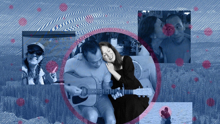 Blue-toned photo collage from Narratively: Elizabeth laughing while playing an acoustic guitar