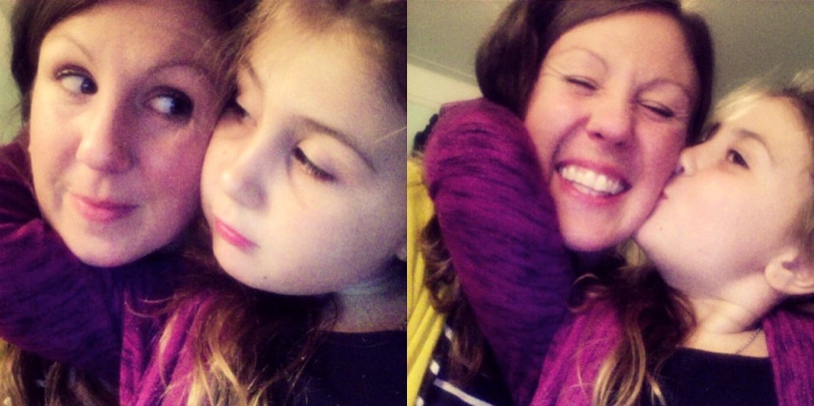Two playful selfies of Elizabeth and her young daughter making faces